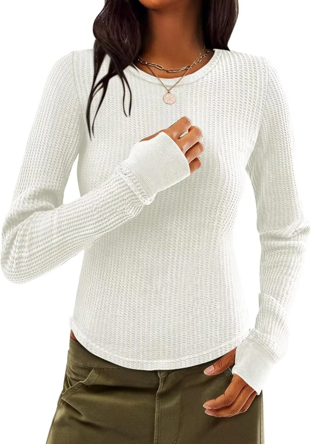 Women Waffle Knit Tops Thermal Long Sleeve Shirts Slim Fitted Crewneck Fall Winter Top 2025