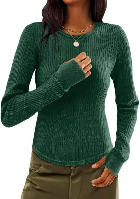 Women Waffle Knit Tops Thermal Long Sleeve Shirts Slim Fitted Crewneck Fall Winter Top 2025