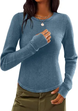 Women Waffle Knit Tops Thermal Long Sleeve Shirts Slim Fitted Crewneck Fall Winter Top 2025
