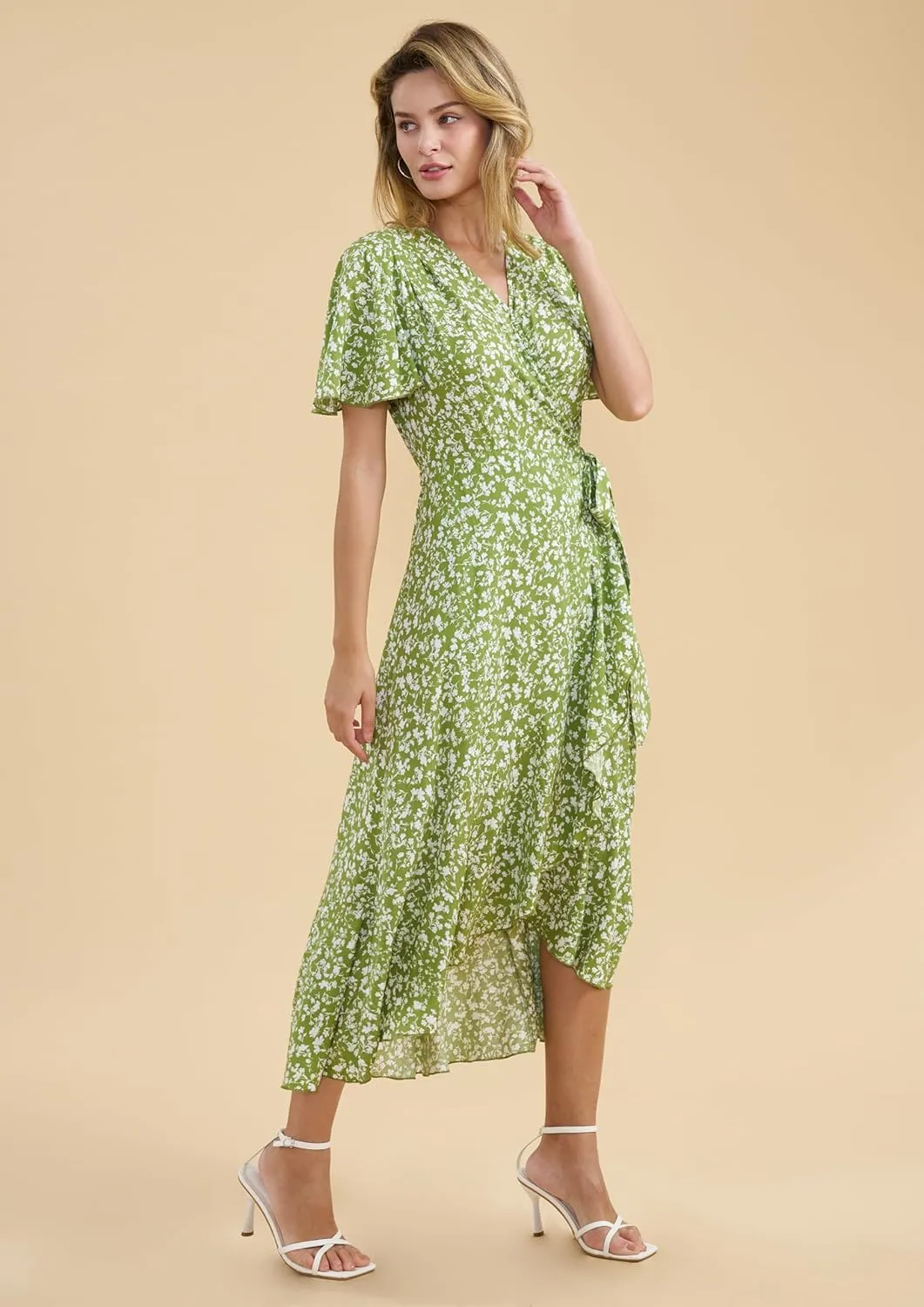 Women's 2024 Floral Boho Dress Wrap V Neck Short Sleeve Belted Ruffle Hem A-Line Flowy Maxi Dresses