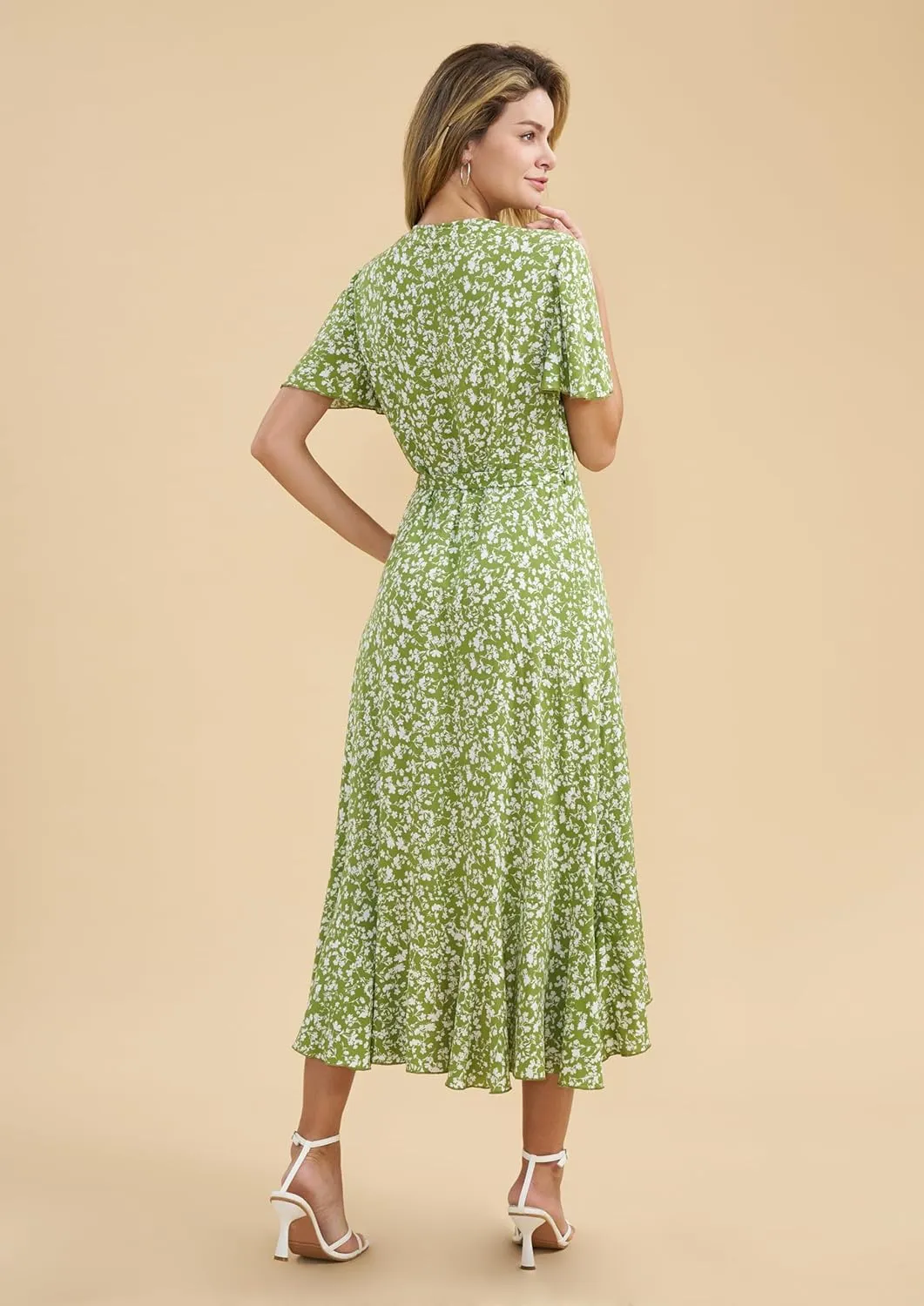 Women's 2024 Floral Boho Dress Wrap V Neck Short Sleeve Belted Ruffle Hem A-Line Flowy Maxi Dresses