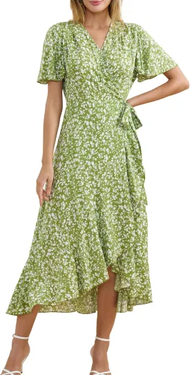 Women's 2024 Floral Boho Dress Wrap V Neck Short Sleeve Belted Ruffle Hem A-Line Flowy Maxi Dresses