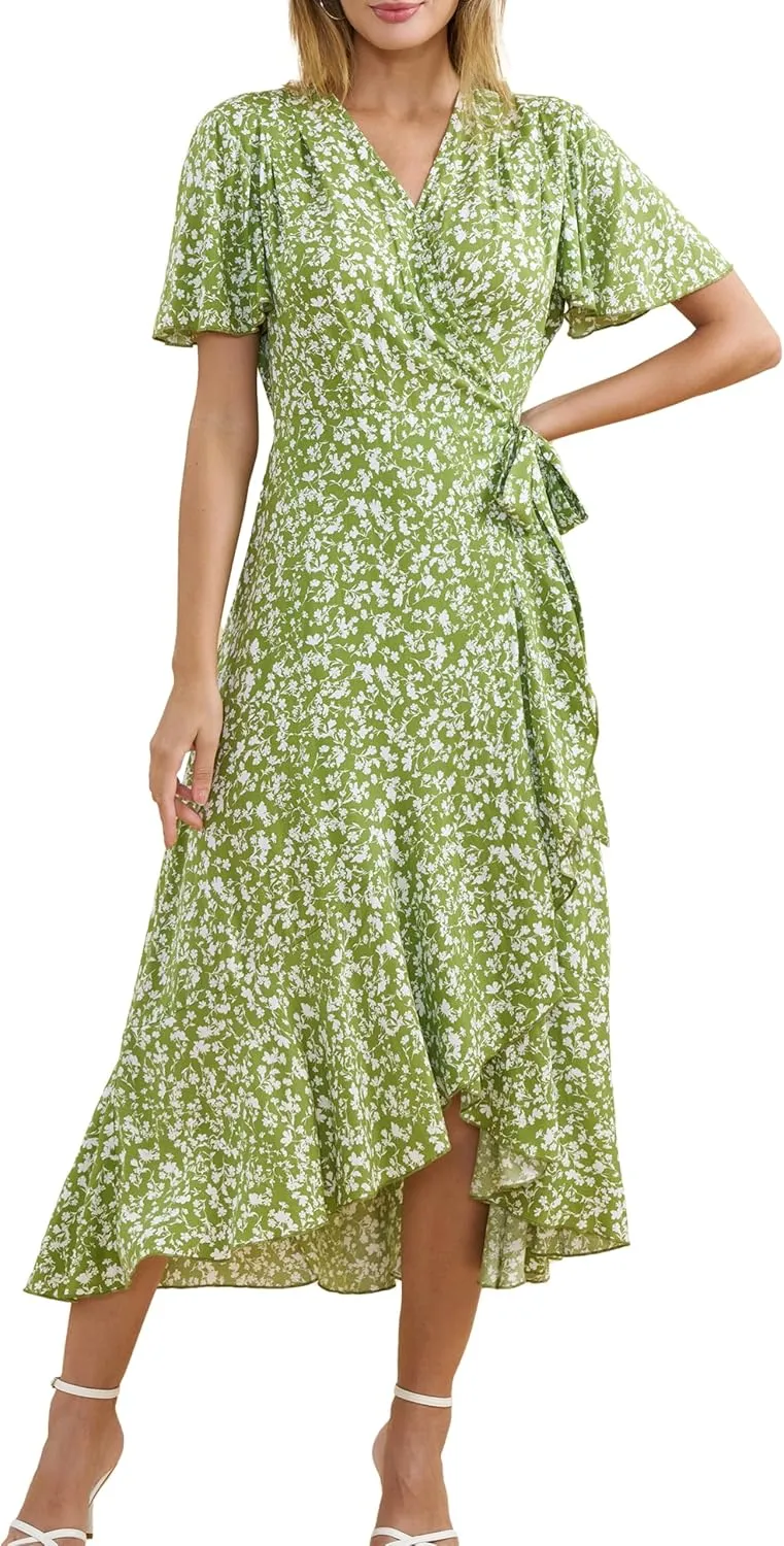 Women's 2024 Floral Boho Dress Wrap V Neck Short Sleeve Belted Ruffle Hem A-Line Flowy Maxi Dresses