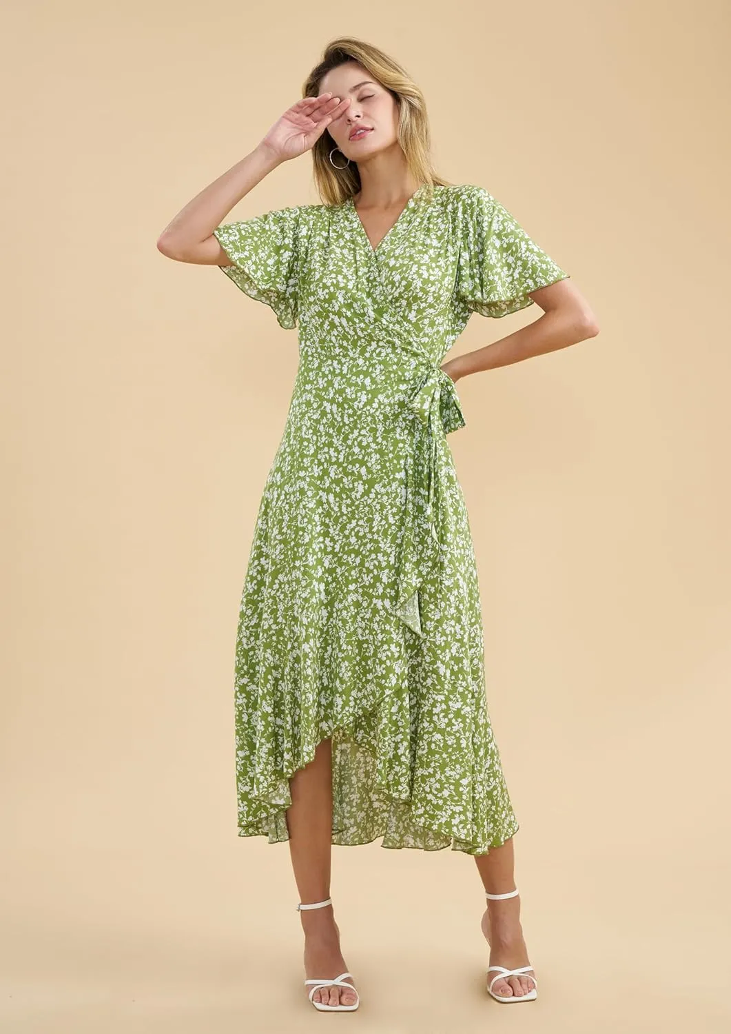 Women's 2024 Floral Boho Dress Wrap V Neck Short Sleeve Belted Ruffle Hem A-Line Flowy Maxi Dresses