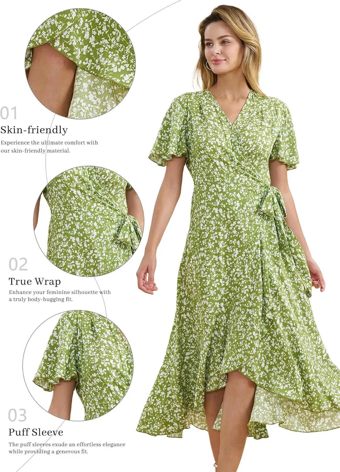 Women's 2024 Floral Boho Dress Wrap V Neck Short Sleeve Belted Ruffle Hem A-Line Flowy Maxi Dresses