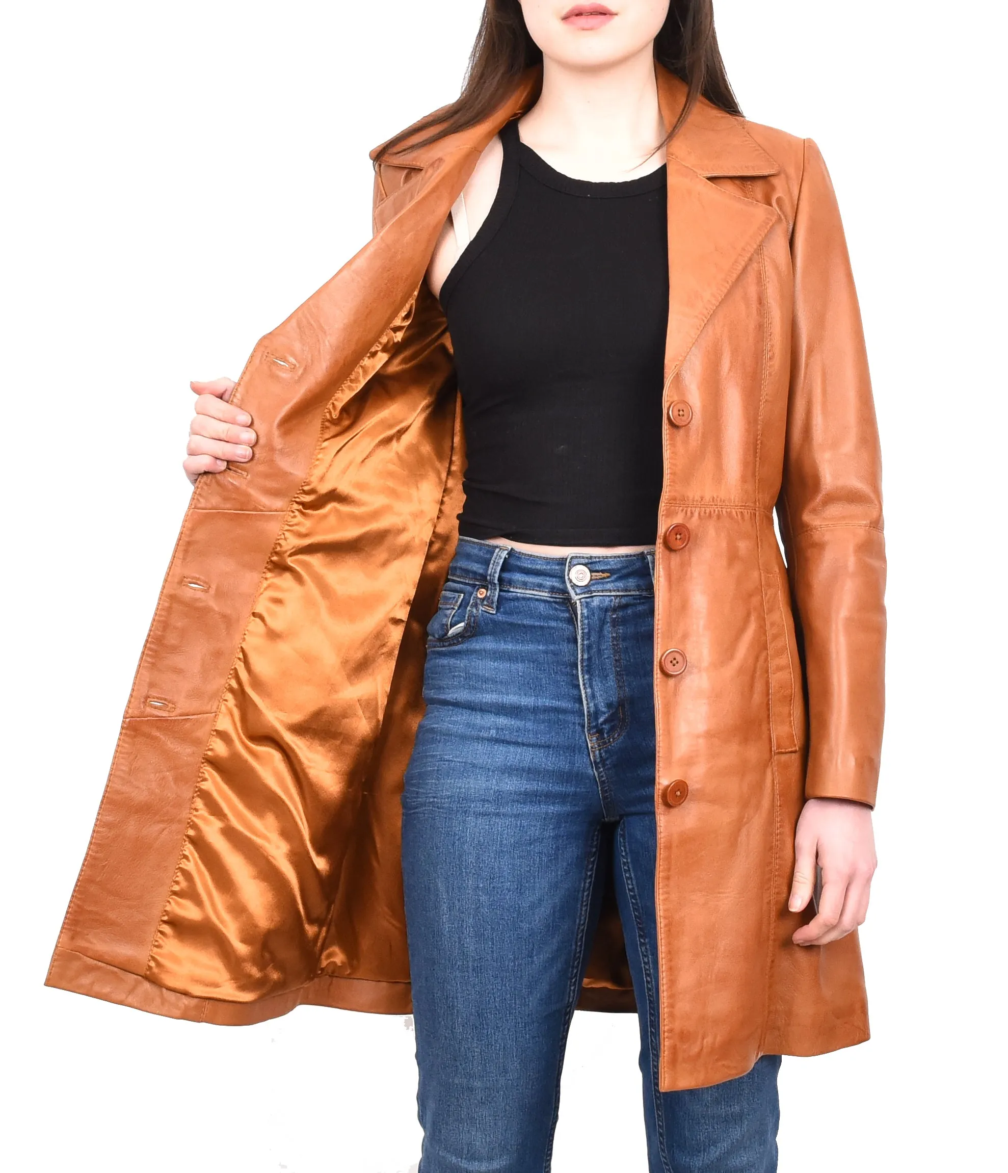 Women's 3/4 Length Soft Leather Classic Coat Tan Trenzia