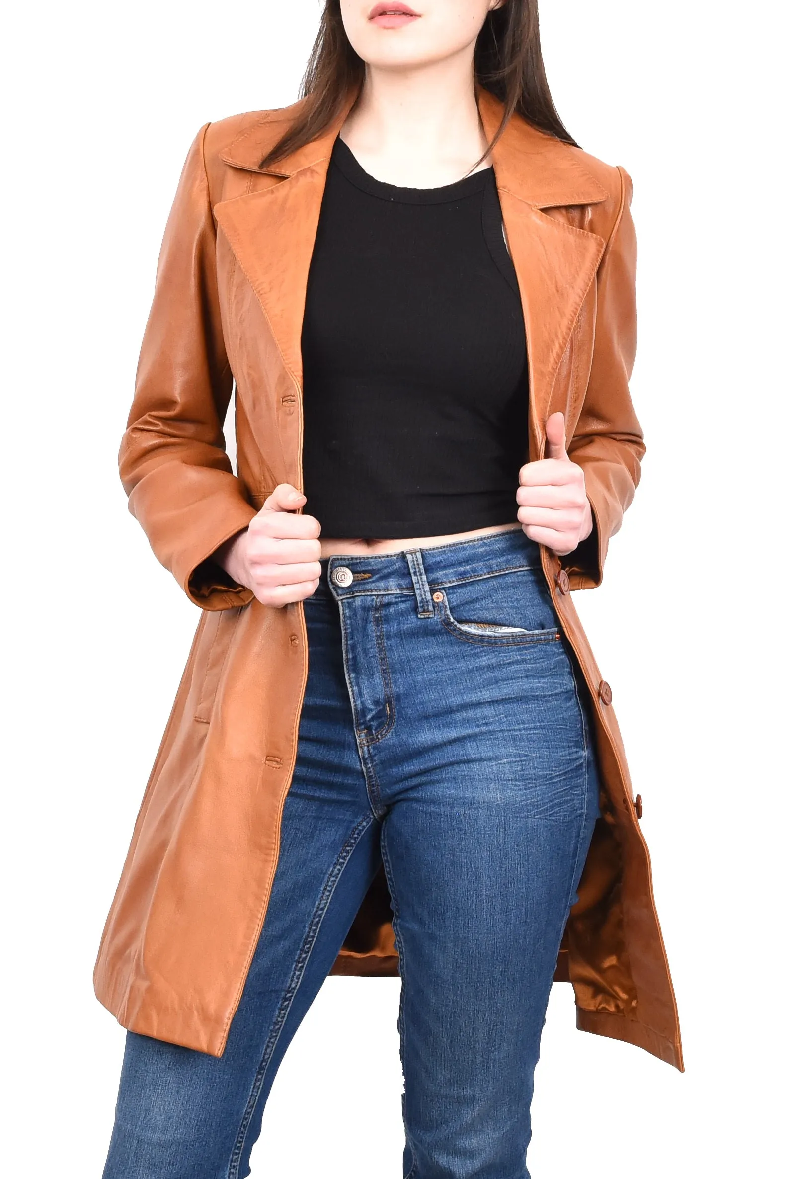 Women's 3/4 Length Soft Leather Classic Coat Tan Trenzia