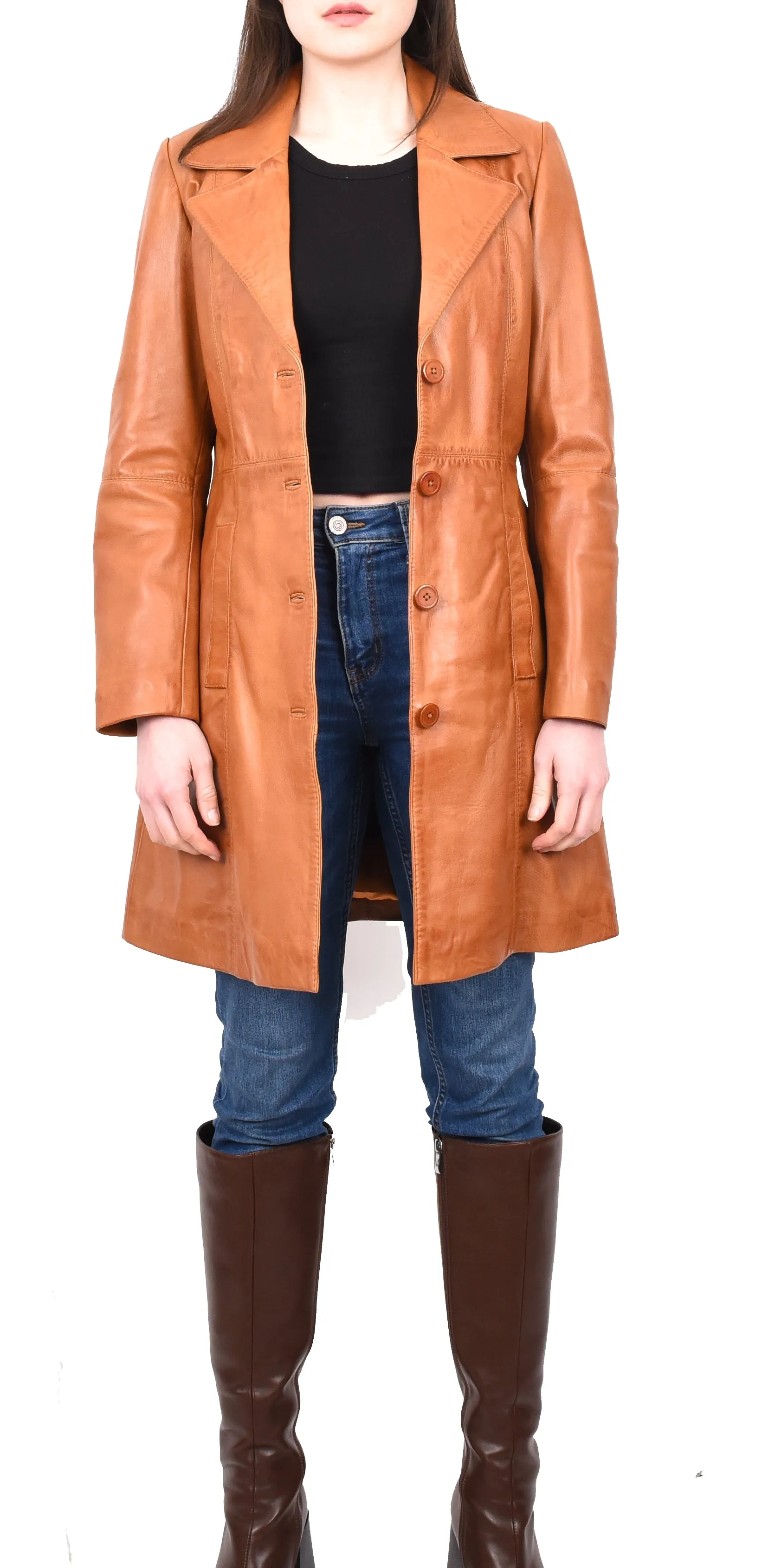 Women's 3/4 Length Soft Leather Classic Coat Tan Trenzia