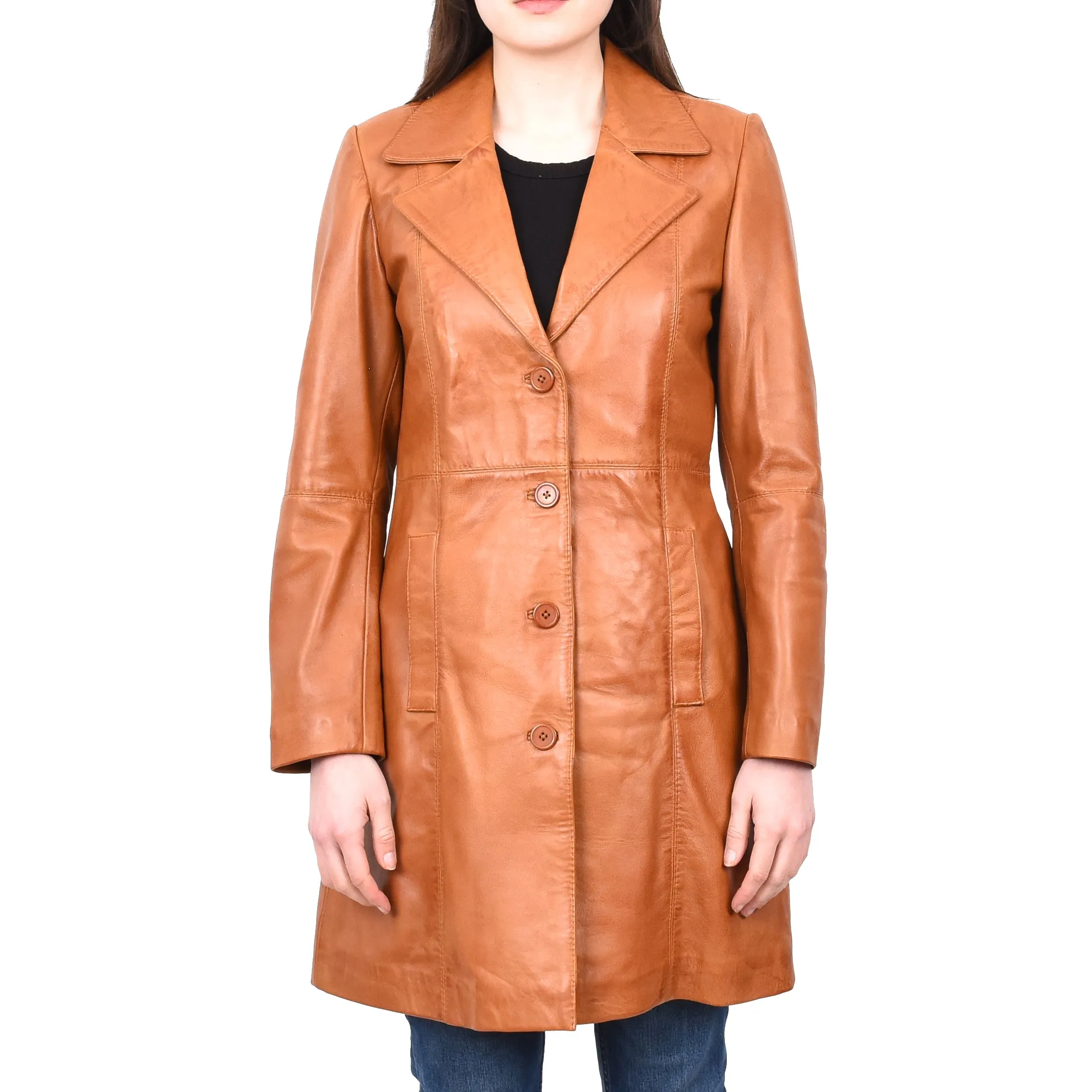 Women's 3/4 Length Soft Leather Classic Coat Tan Trenzia