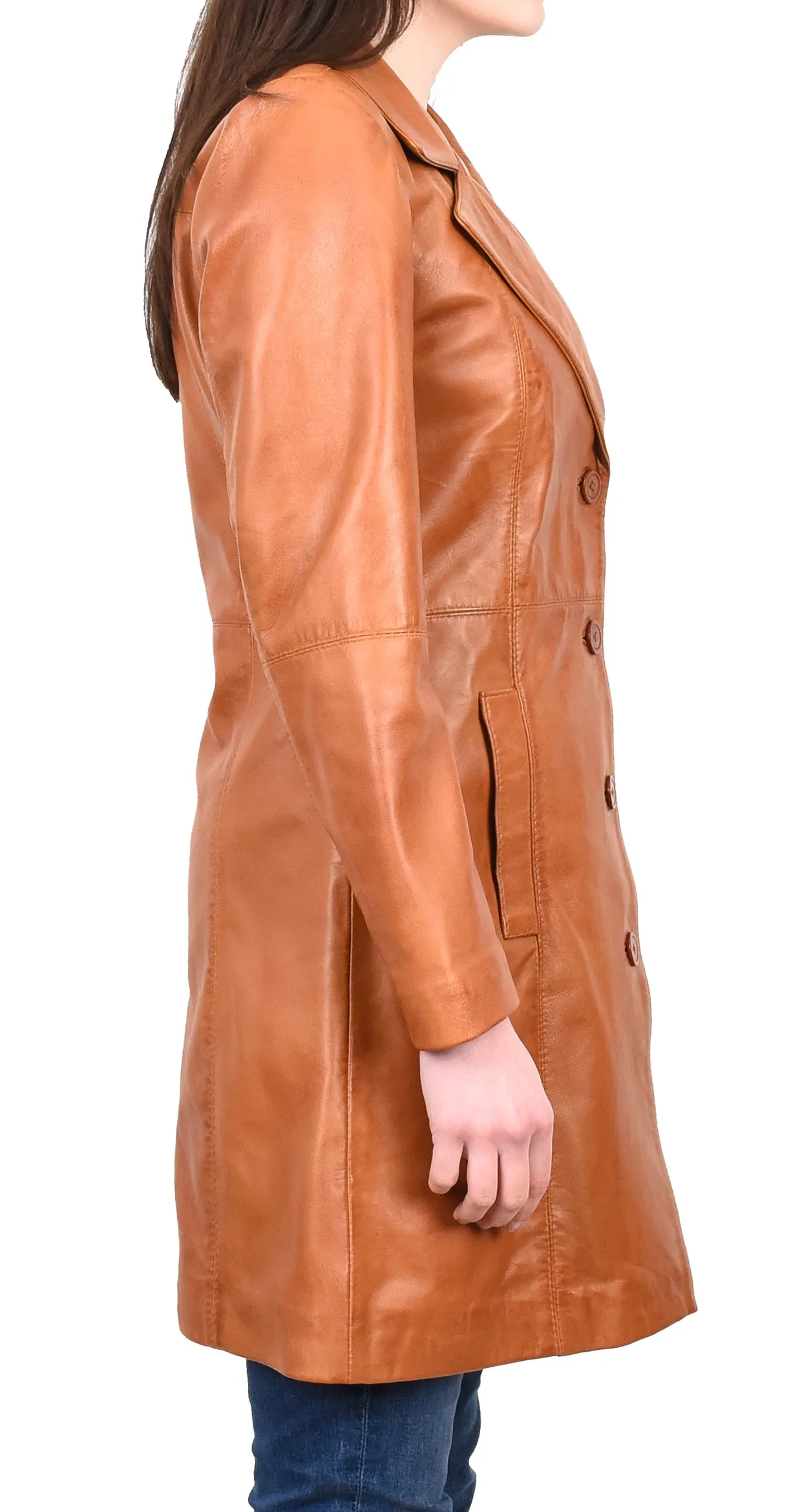 Women's 3/4 Length Soft Leather Classic Coat Tan Trenzia