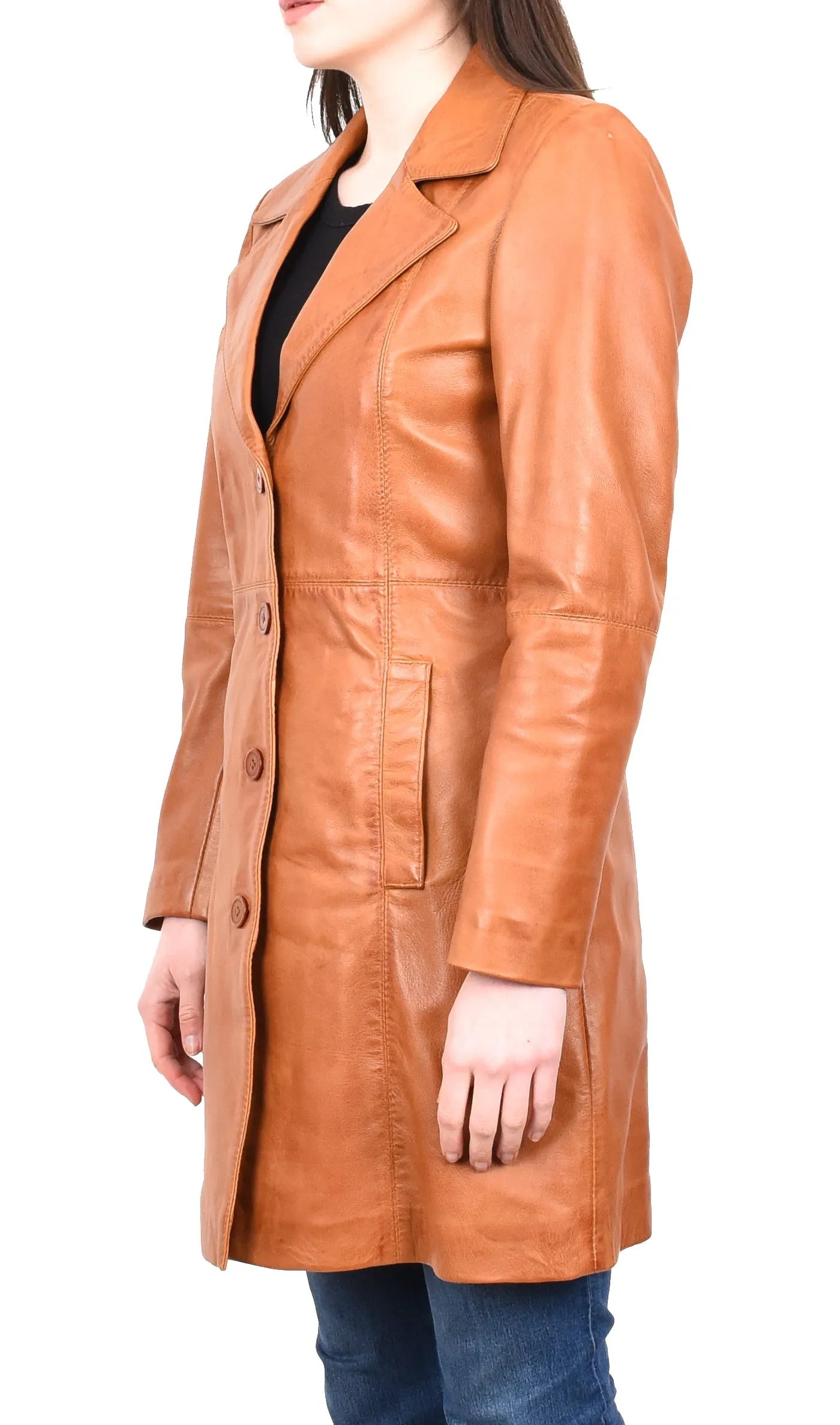 Women's 3/4 Length Soft Leather Classic Coat Tan Trenzia