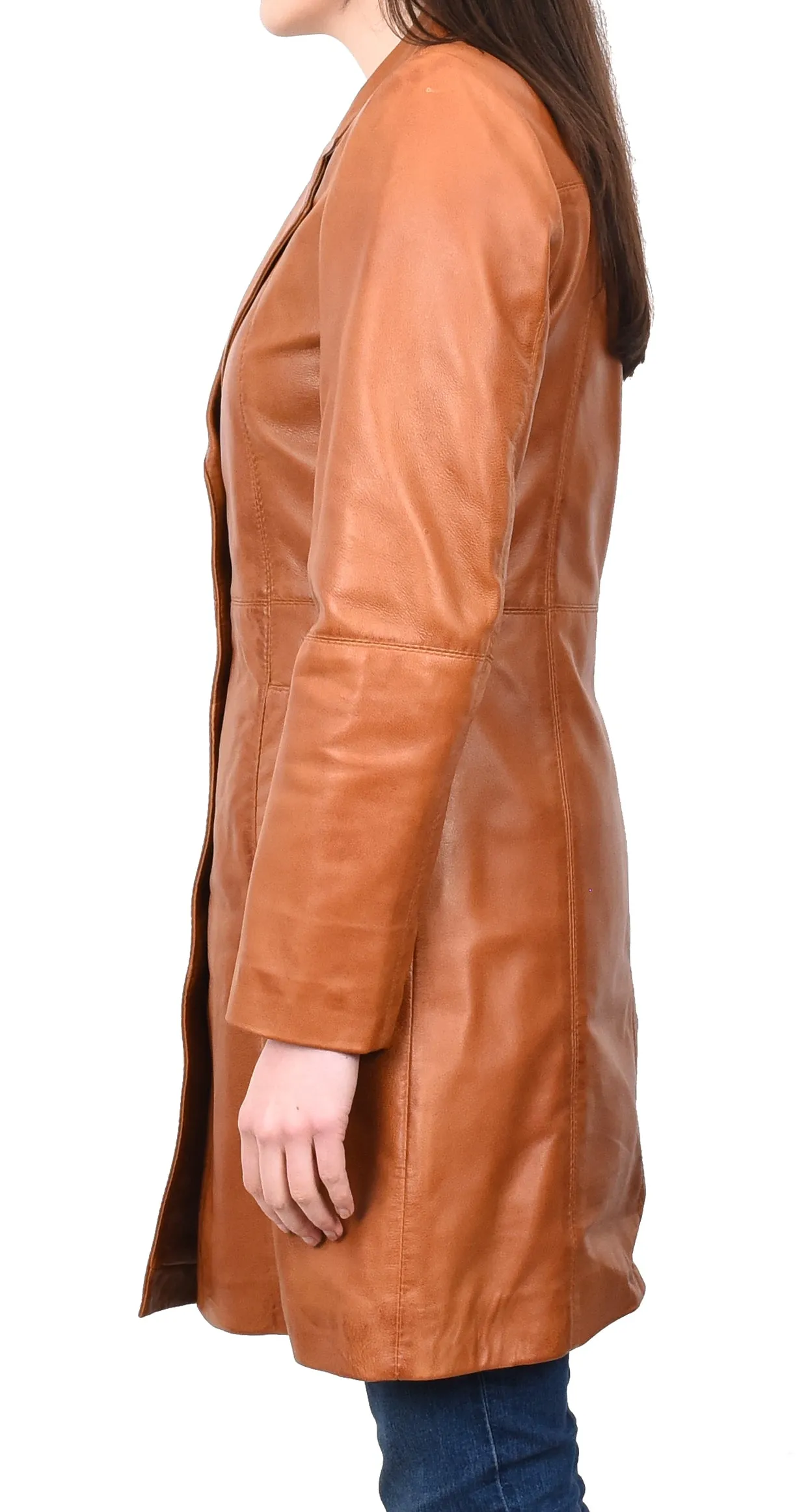 Women's 3/4 Length Soft Leather Classic Coat Tan Trenzia