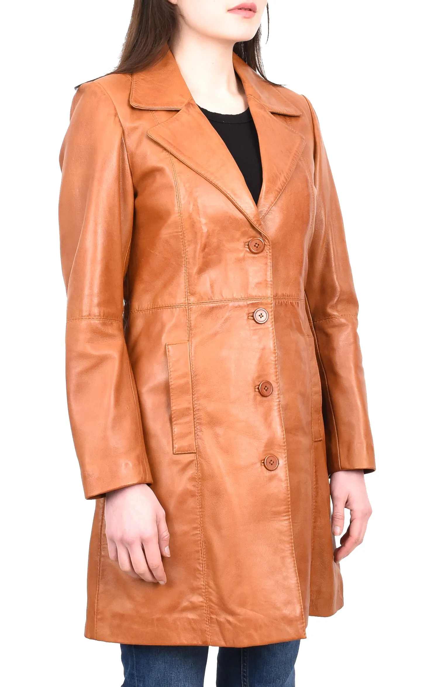 Women's 3/4 Length Soft Leather Classic Coat Tan Trenzia