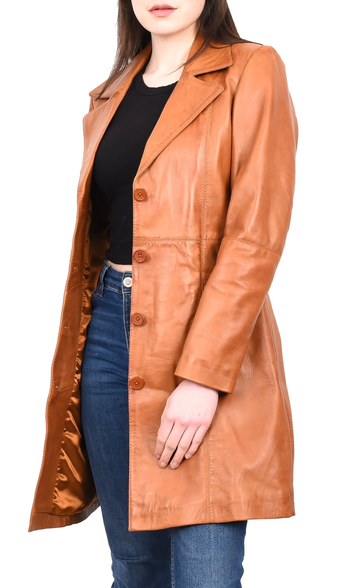 Women's 3/4 Length Soft Leather Classic Coat Tan Trenzia