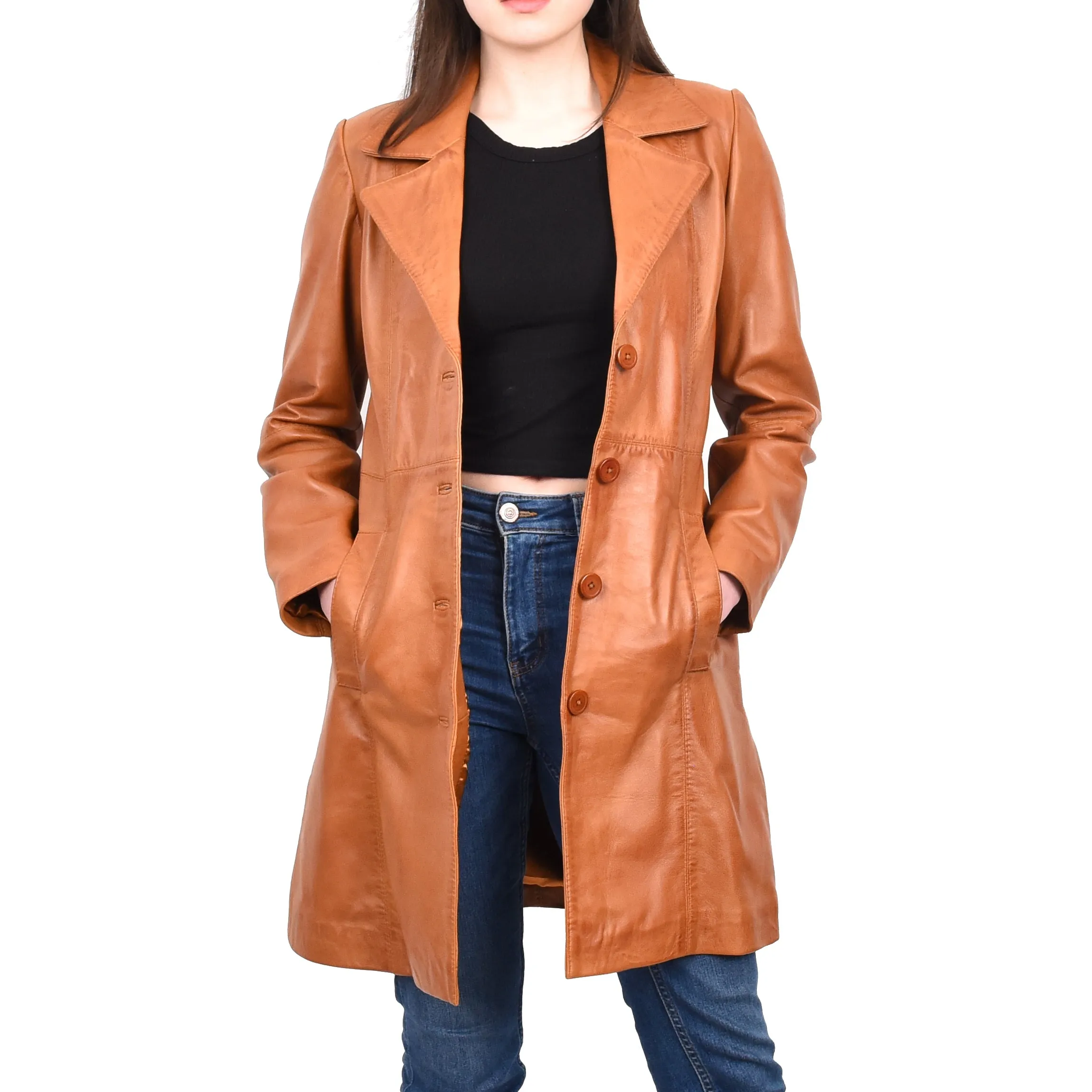 Women's 3/4 Length Soft Leather Classic Coat Tan Trenzia