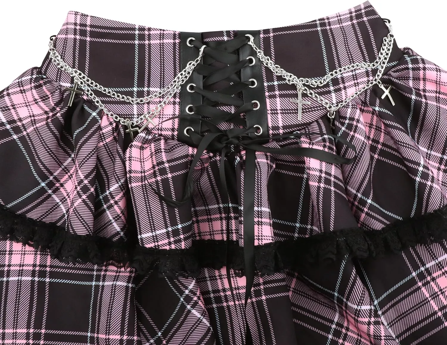Womens Mini Gothic Skirt Tie Waist Lace Up Double Layered Ruffles Y2k Punk Emo Skirt with Chain