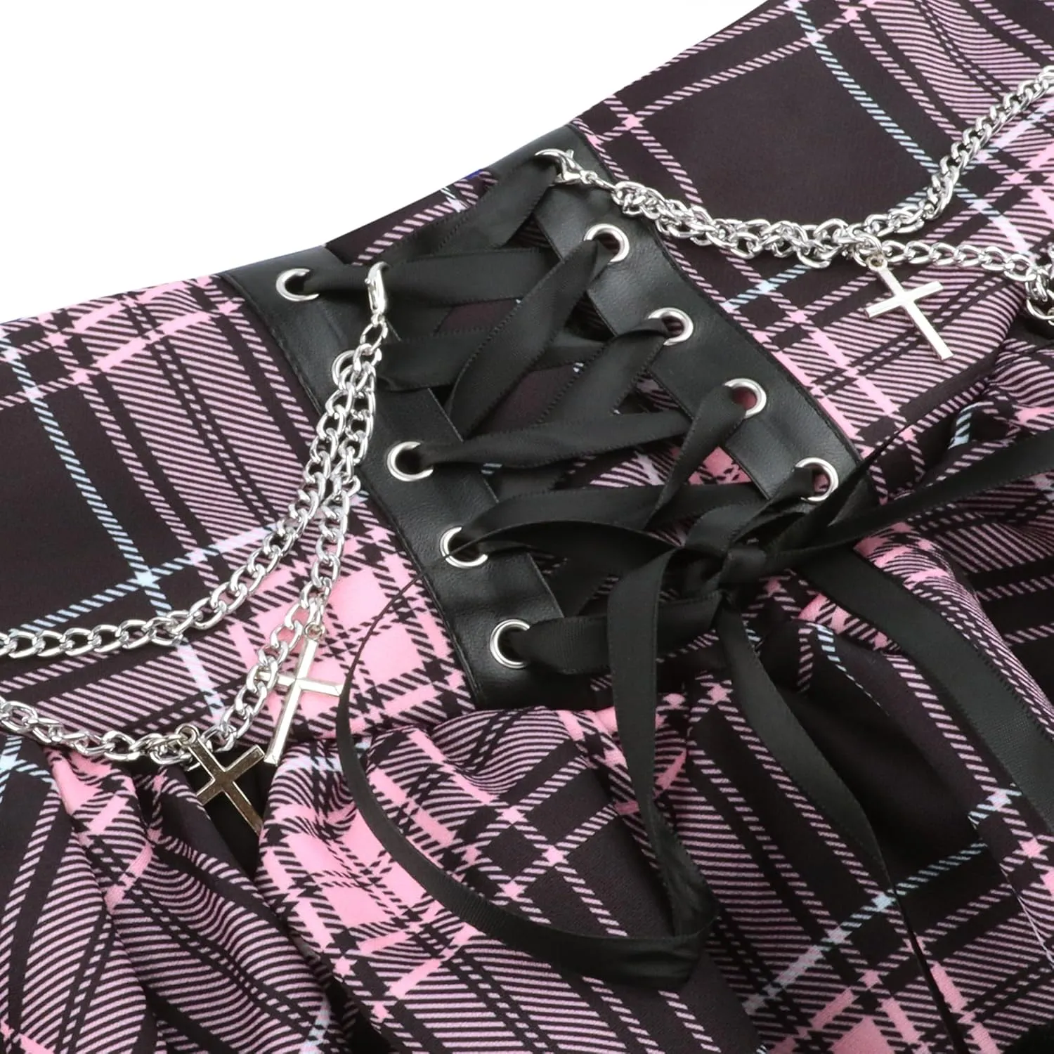 Womens Mini Gothic Skirt Tie Waist Lace Up Double Layered Ruffles Y2k Punk Emo Skirt with Chain