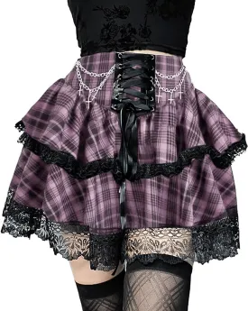 Womens Mini Gothic Skirt Tie Waist Lace Up Double Layered Ruffles Y2k Punk Emo Skirt with Chain
