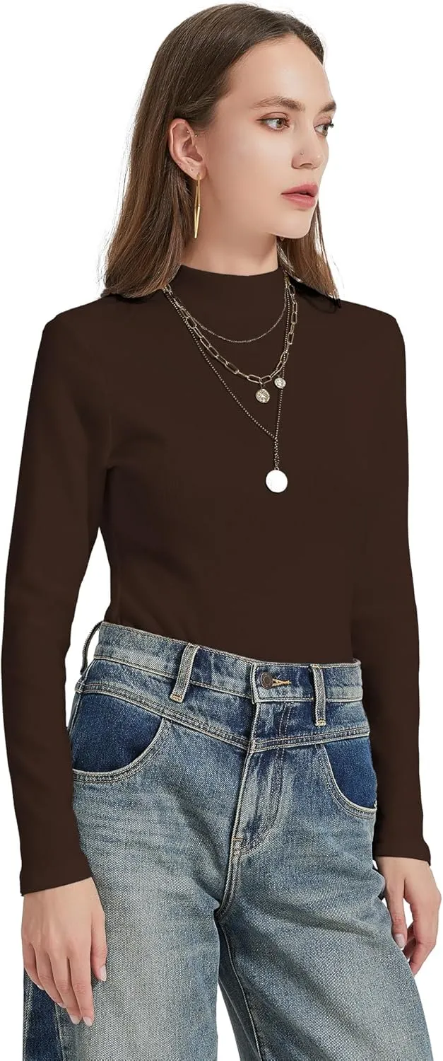 Womens Mock Neck Long Sleeve Shirts Fall Tops Basic Tees 2024 Trendy T-Shirt Undershirt