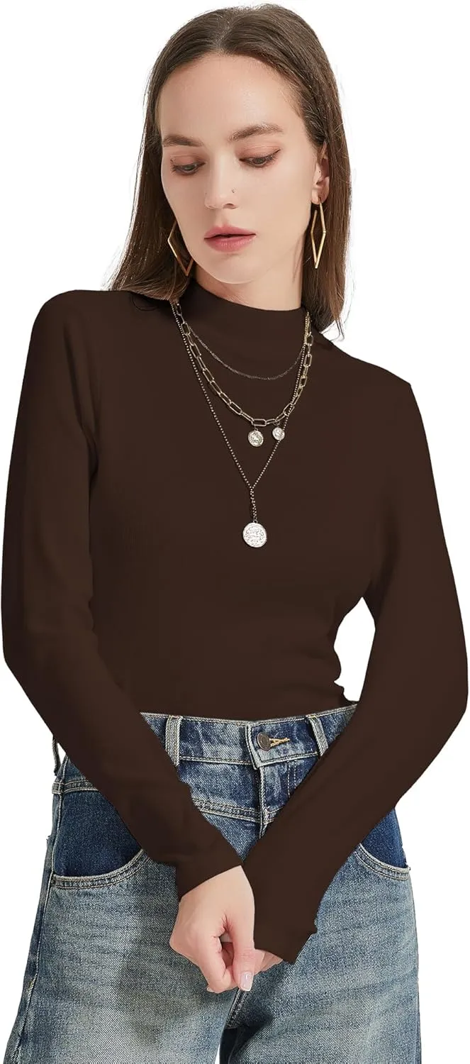 Womens Mock Neck Long Sleeve Shirts Fall Tops Basic Tees 2024 Trendy T-Shirt Undershirt
