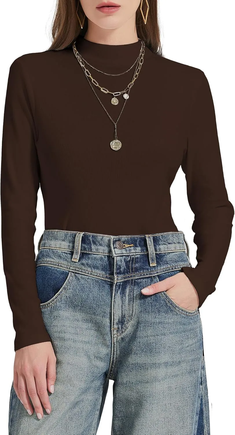 Womens Mock Neck Long Sleeve Shirts Fall Tops Basic Tees 2024 Trendy T-Shirt Undershirt