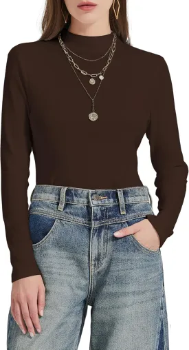 Womens Mock Neck Long Sleeve Shirts Fall Tops Basic Tees 2024 Trendy T-Shirt Undershirt