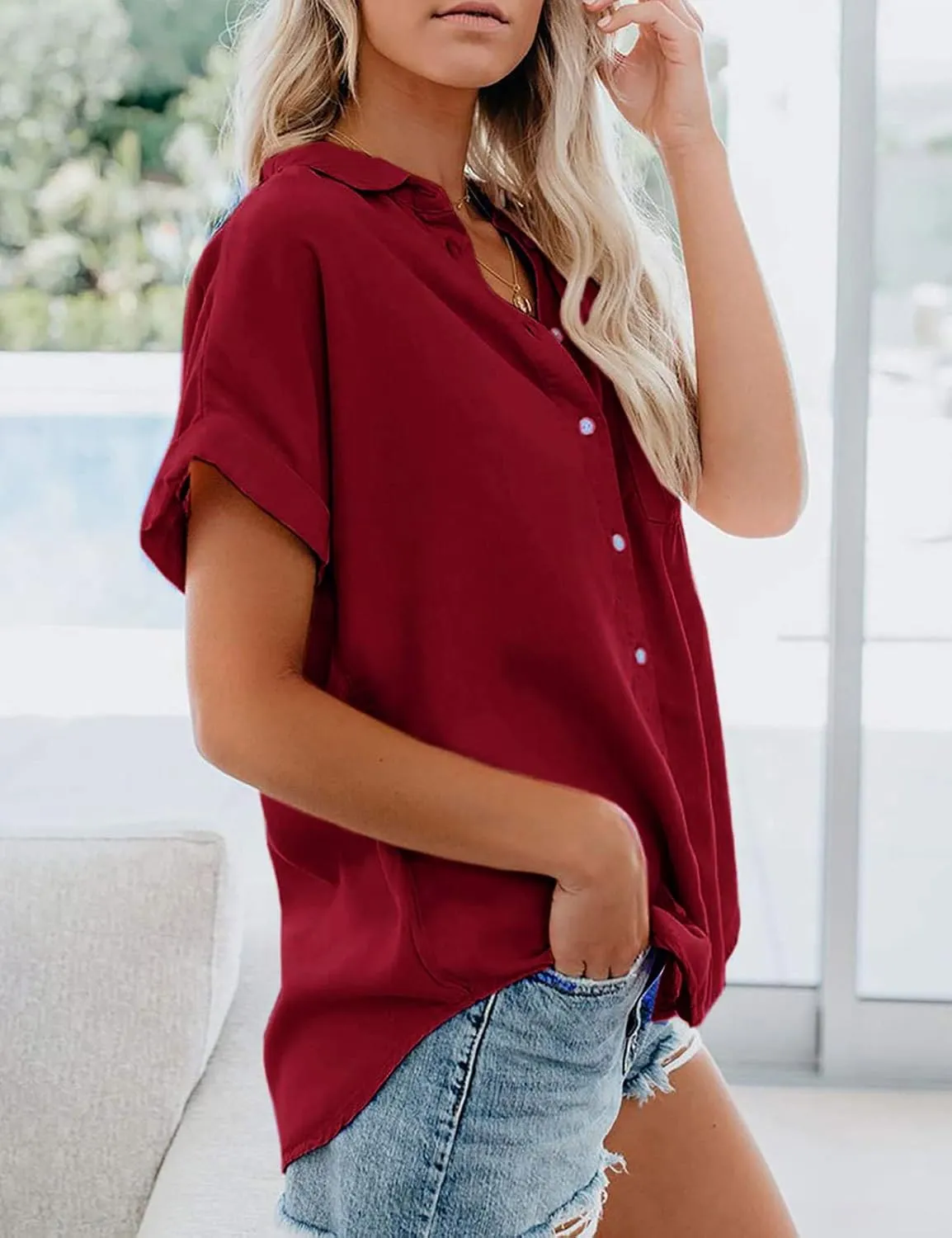 Womens Short Sleeve Shirts Spring Summer Tops V Neck Collared Button Down Ladies Shirt Tops Trendy 2025