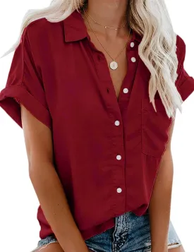Womens Short Sleeve Shirts Spring Summer Tops V Neck Collared Button Down Ladies Shirt Tops Trendy 2025