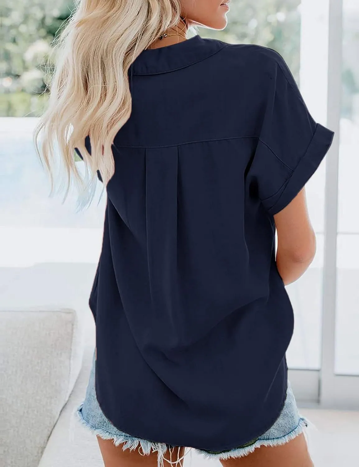 Womens Short Sleeve Shirts Spring Summer Tops V Neck Collared Button Down Ladies Shirt Tops Trendy 2025