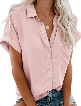 Womens Short Sleeve Shirts Spring Summer Tops V Neck Collared Button Down Ladies Shirt Tops Trendy 2025