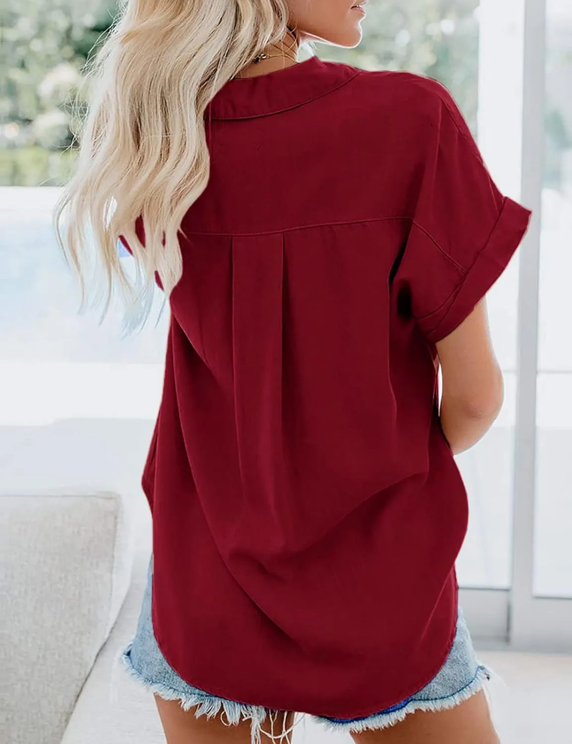 Womens Short Sleeve Shirts Spring Summer Tops V Neck Collared Button Down Ladies Shirt Tops Trendy 2025