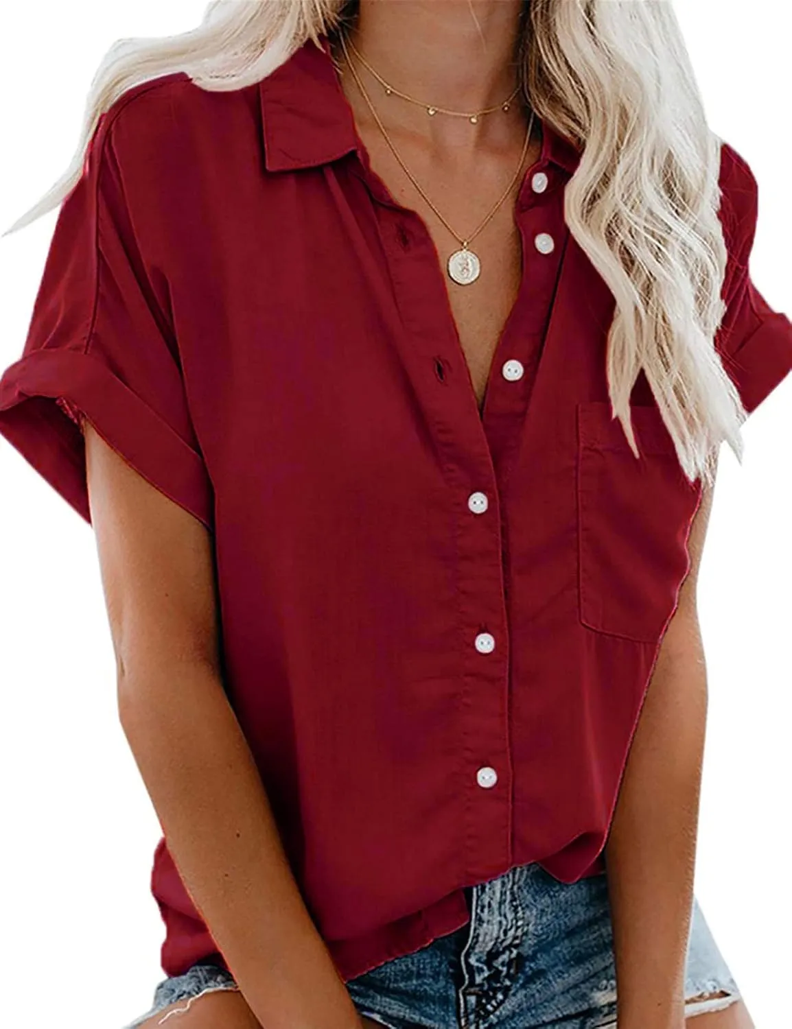 Womens Short Sleeve Shirts Spring Summer Tops V Neck Collared Button Down Ladies Shirt Tops Trendy 2025