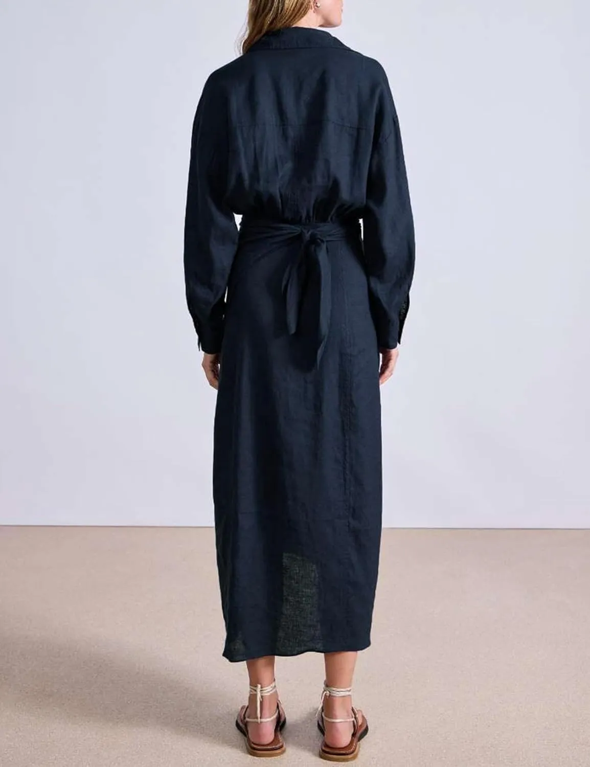 Yeokou Women Cotton Linen Wrap Shirt Maxi Dress Button Down Long Sleeve Lapel Asym Slit Hem Sundress
