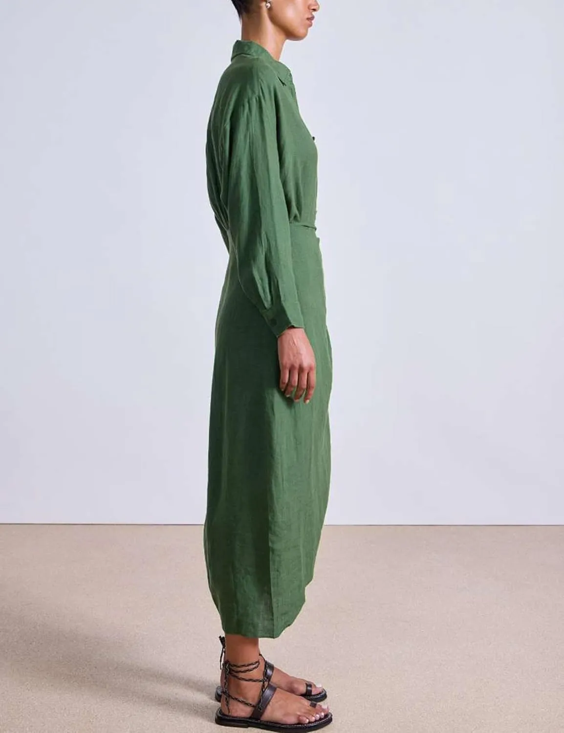 Yeokou Women Cotton Linen Wrap Shirt Maxi Dress Button Down Long Sleeve Lapel Asym Slit Hem Sundress