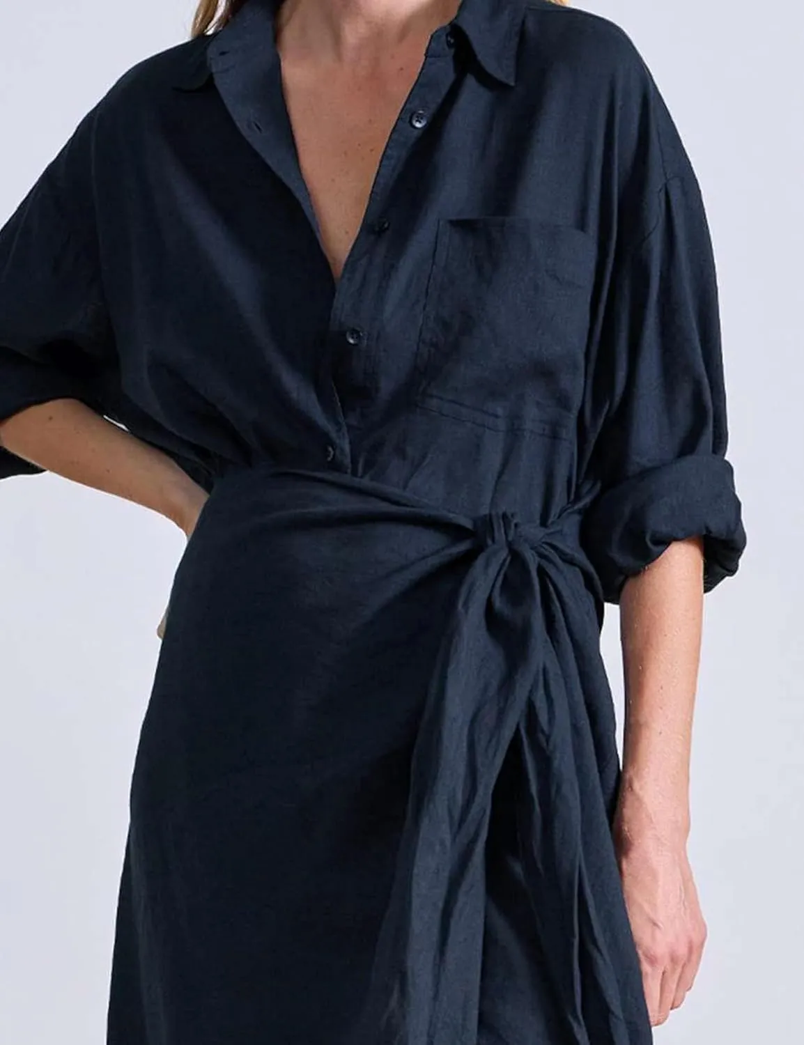 Yeokou Women Cotton Linen Wrap Shirt Maxi Dress Button Down Long Sleeve Lapel Asym Slit Hem Sundress