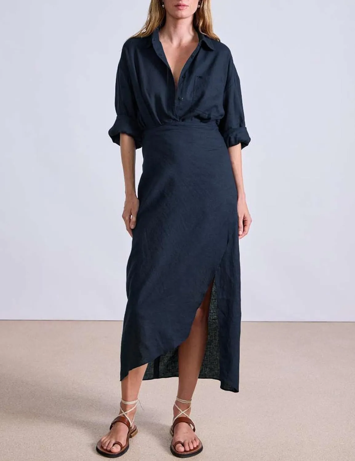 Yeokou Women Cotton Linen Wrap Shirt Maxi Dress Button Down Long Sleeve Lapel Asym Slit Hem Sundress