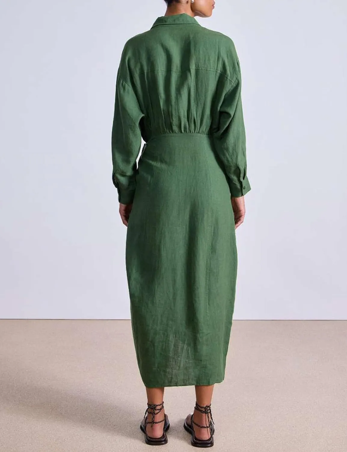 Yeokou Women Cotton Linen Wrap Shirt Maxi Dress Button Down Long Sleeve Lapel Asym Slit Hem Sundress