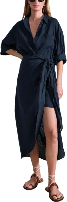 Yeokou Women Cotton Linen Wrap Shirt Maxi Dress Button Down Long Sleeve Lapel Asym Slit Hem Sundress