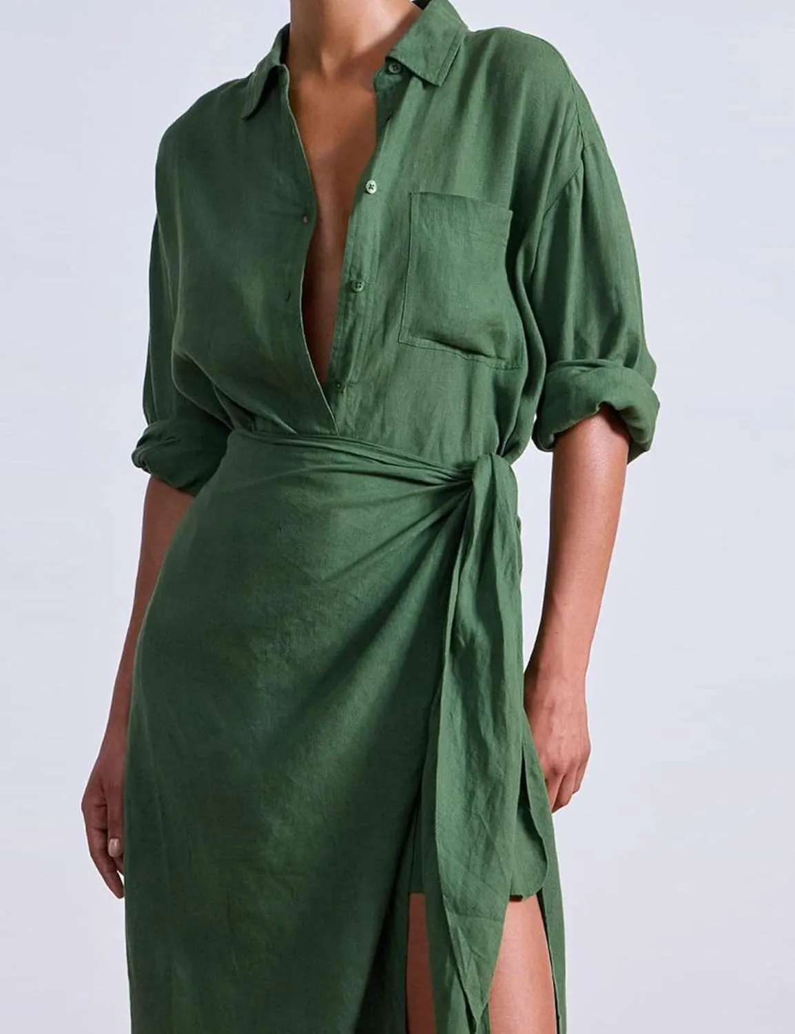 Yeokou Women Cotton Linen Wrap Shirt Maxi Dress Button Down Long Sleeve Lapel Asym Slit Hem Sundress