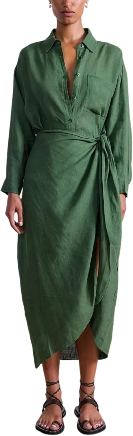 Yeokou Women Cotton Linen Wrap Shirt Maxi Dress Button Down Long Sleeve Lapel Asym Slit Hem Sundress