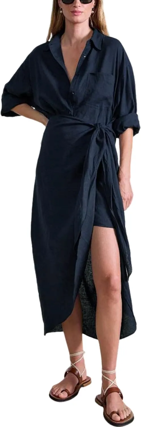 Yeokou Women Cotton Linen Wrap Shirt Maxi Dress Button Down Long Sleeve Lapel Asym Slit Hem Sundress