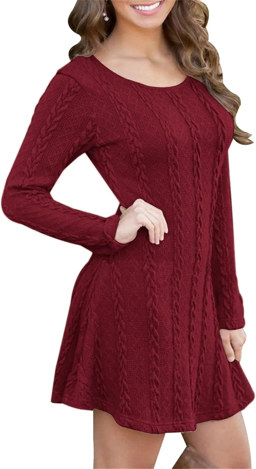 YMING Womens Cable Knit Crew Neck Sweater Dress Casual Solid Color Pullover Tops