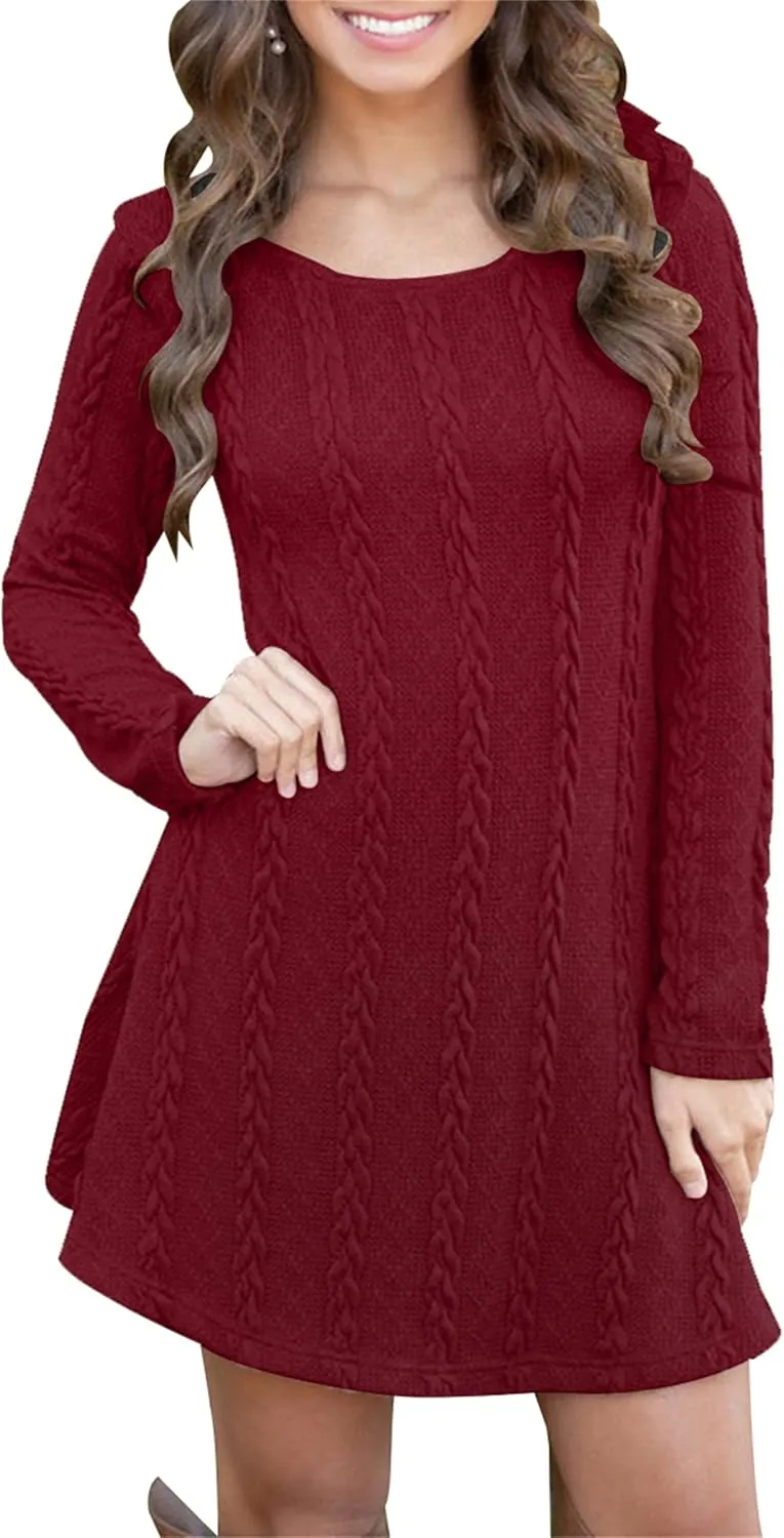 YMING Womens Cable Knit Crew Neck Sweater Dress Casual Solid Color Pullover Tops