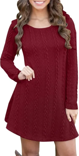 YMING Womens Cable Knit Crew Neck Sweater Dress Casual Solid Color Pullover Tops