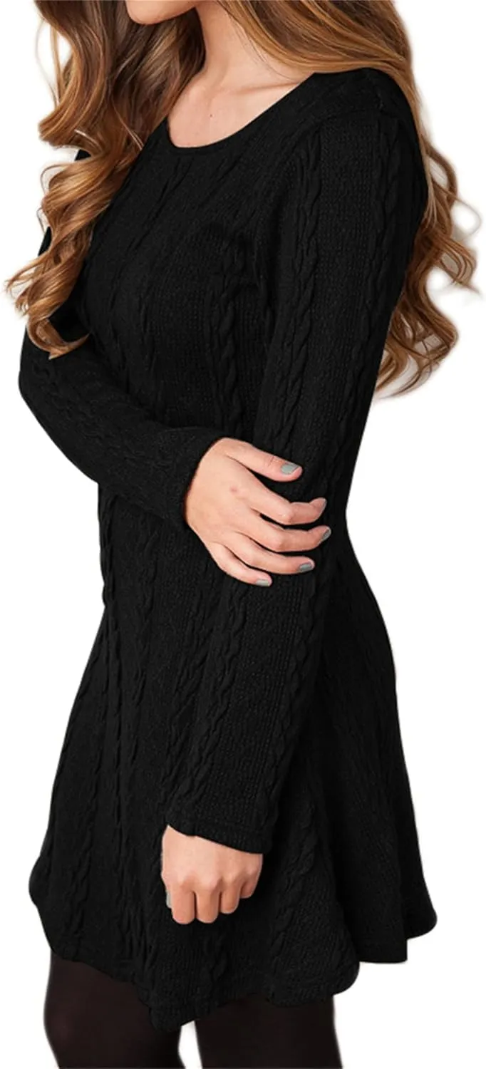 YMING Womens Cable Knit Crew Neck Sweater Dress Casual Solid Color Pullover Tops