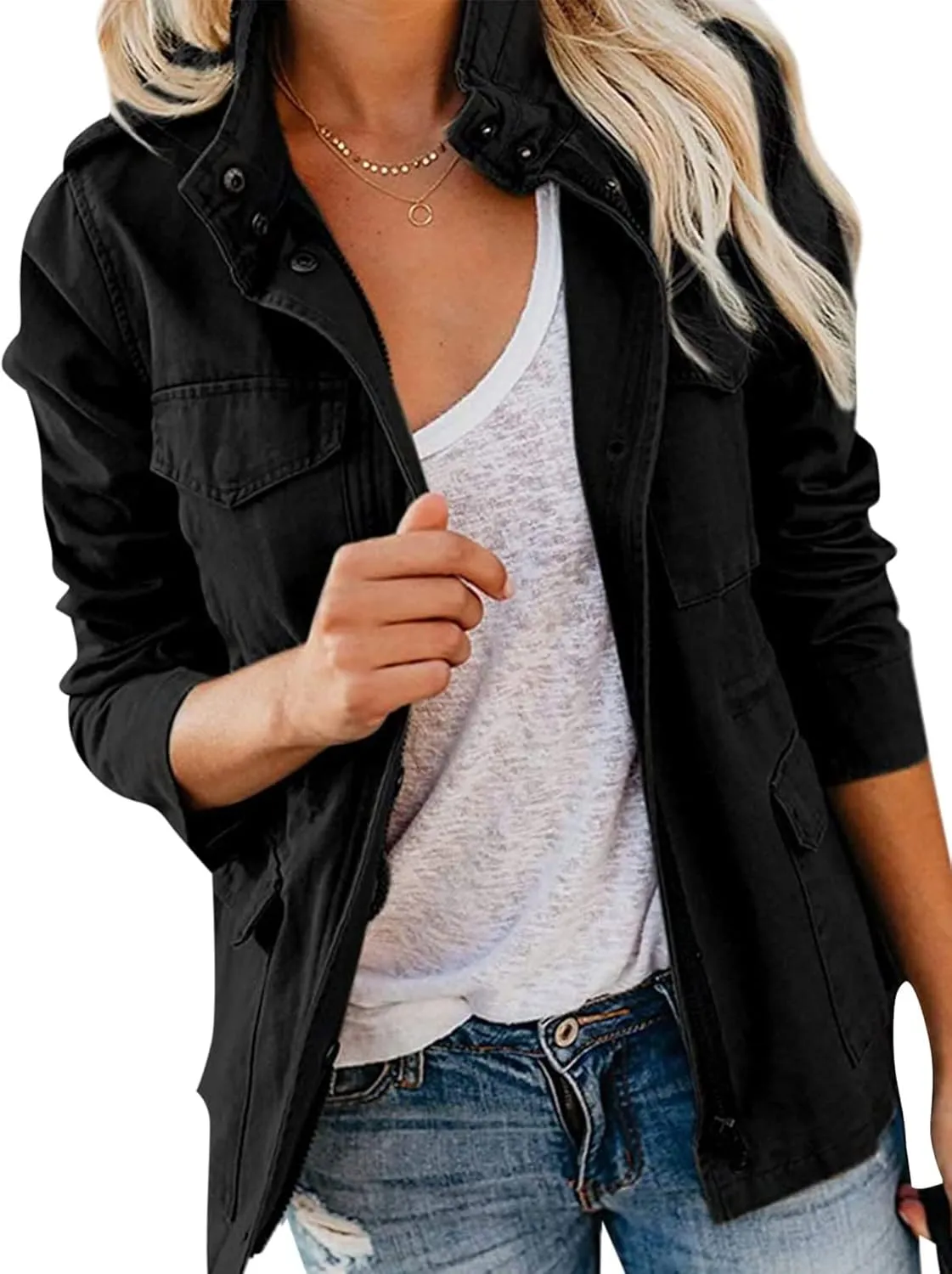 Ytfsrukp Womens Lightweight Cargo Jacket Military Utility Jacket Anorak Outwear Lightweight Utility Jackets with Pockets