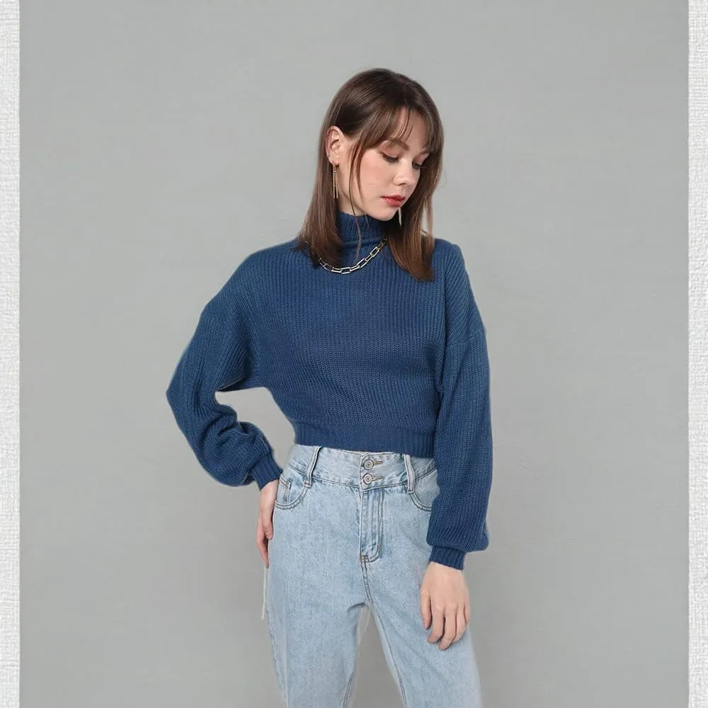 ZAFUL Women's Crew Neck Long Sleeve Pullover Crop Sweater Mock Neck Lantern Sleeve Ribbed Knit Cropped Sweater