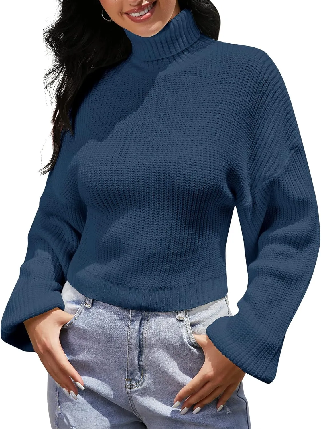 ZAFUL Women's Crew Neck Long Sleeve Pullover Crop Sweater Mock Neck Lantern Sleeve Ribbed Knit Cropped Sweater