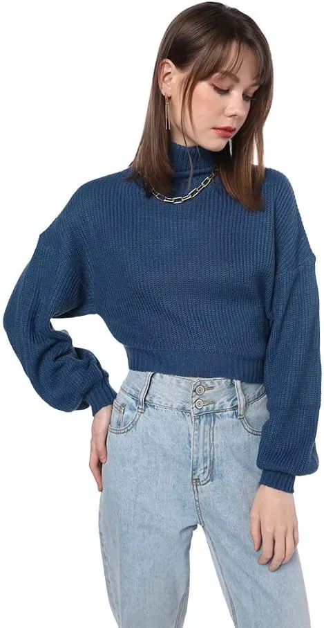 ZAFUL Women's Crew Neck Long Sleeve Pullover Crop Sweater Mock Neck Lantern Sleeve Ribbed Knit Cropped Sweater